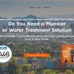 Hero banner for a plumbing and water treatment company with city skyline, headline: 'Do You Need a Plumber or Water Treatment Solution' and orange call-to-action button.